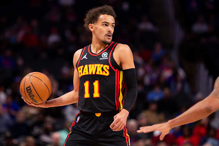 Mar 7, 2022; Detroit, Michigan, USA; Atlanta Hawks guard Trae Young (11) looks for an open man during the first quarter against the Detroit Pistons at Little Caesars Arena.